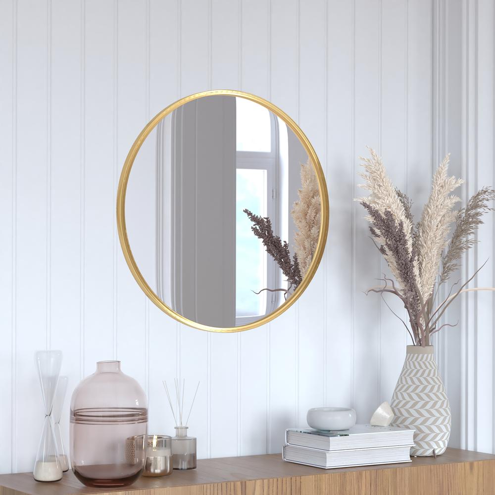 24" Round Gold Metal Framed Wall Mirror