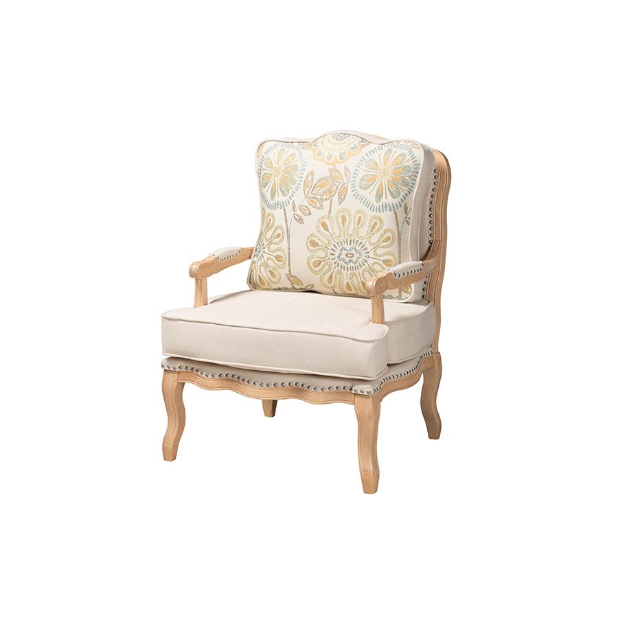 Andre Traditional French Quilted Fabric and Whitewash Finished Wood Accent Chair