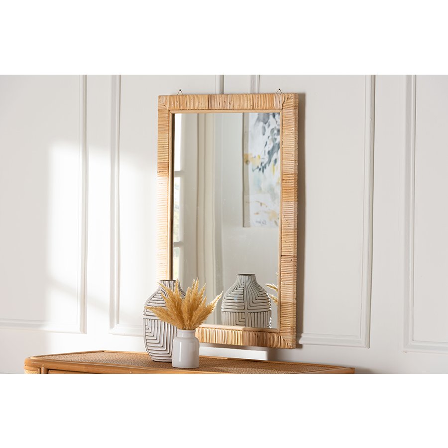 Lankston Bohemian Natural Rattan Rectangle Accent Wall Mirror