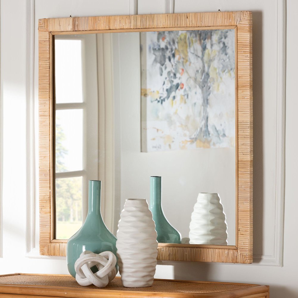 Lankston Bohemian Natural Rattan Square Accent Wall Mirror