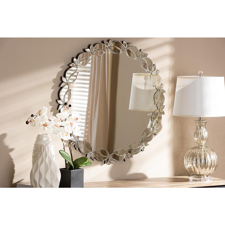 Silver Finished Round Petal Leaf Accent Wall Mirror