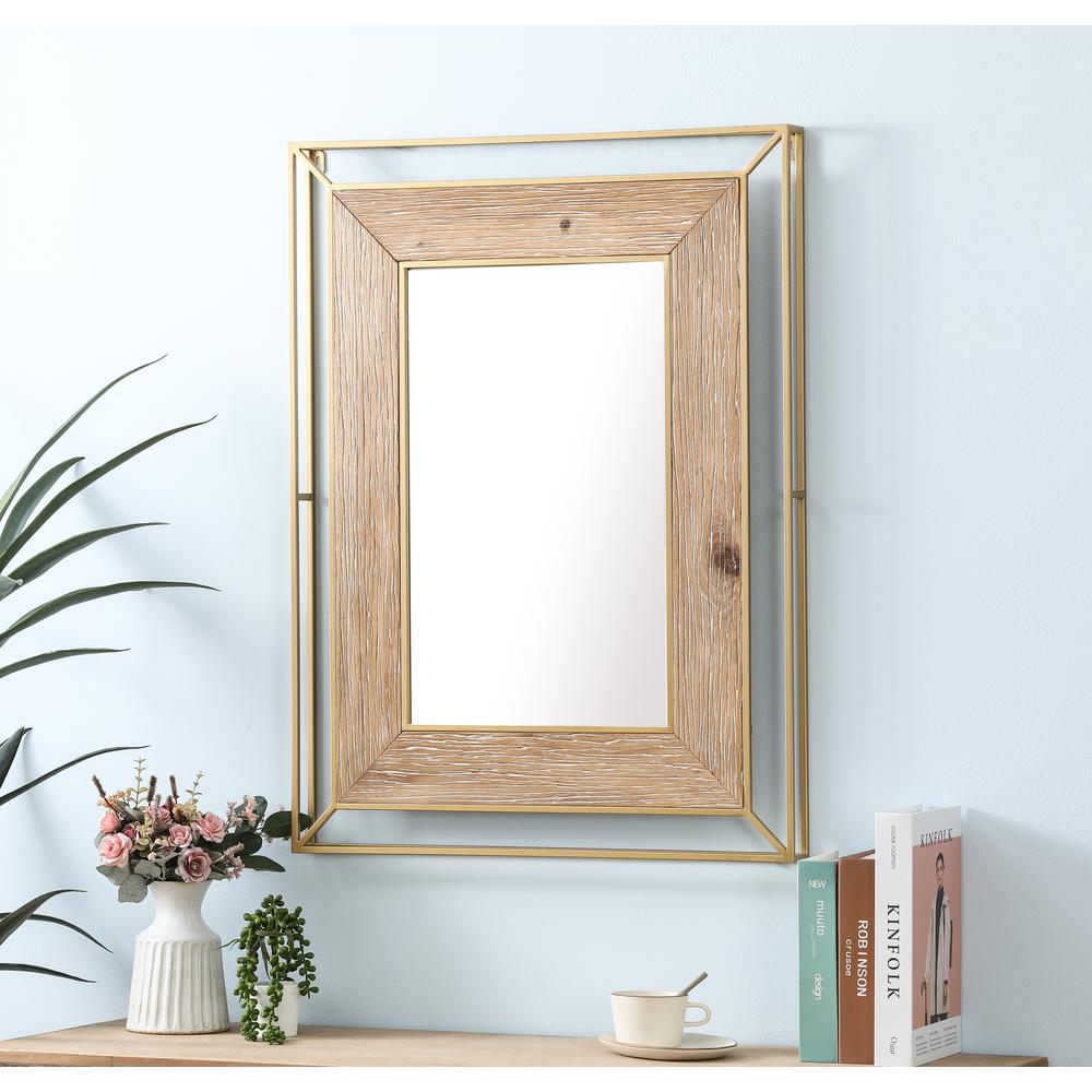 Gold Metal and Natural Wood Rectangular Frame Accent Wall Mirror