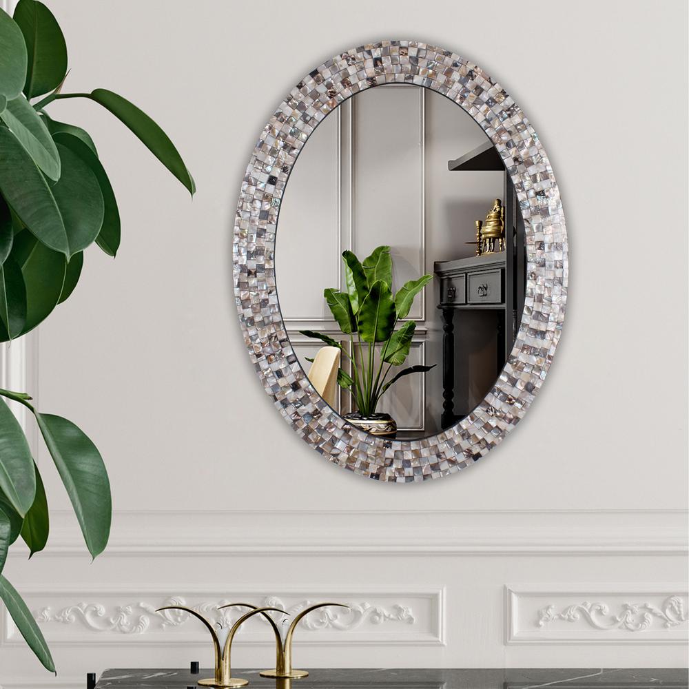 CHLOE's Reflection Vertical Hanging Seashell Finish Oval Framed Wall Mirror 35" Height