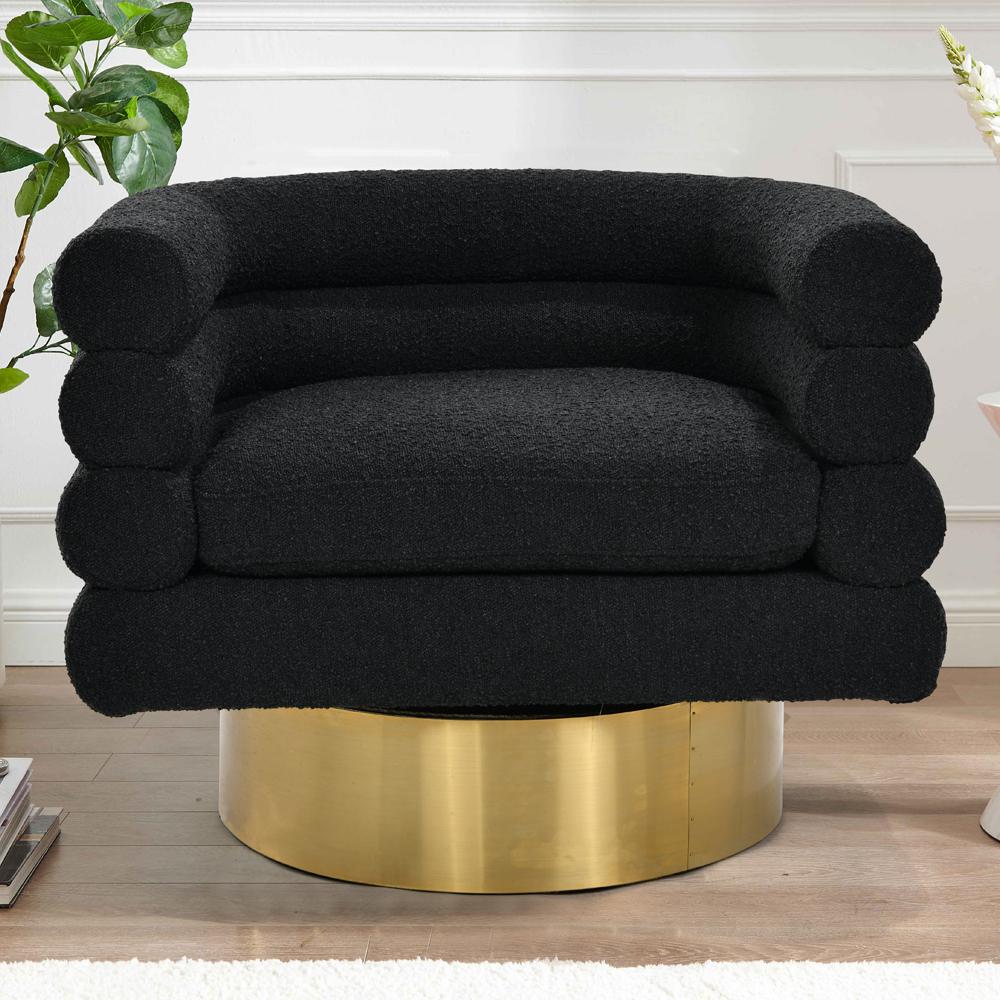 Sophos Black Boucle Fabric with Gold Base Swivel Accent Chair