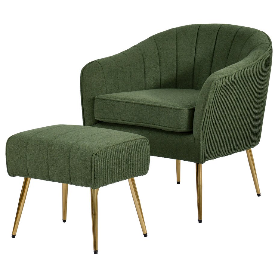 2 Piece Barrel Chair With Matching Ottoman In Green And Gold