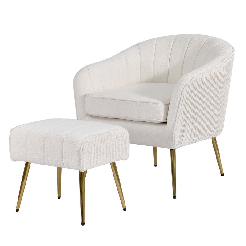 2 Piece Barrel Chair With Matching Ottoman In Beige And Gold