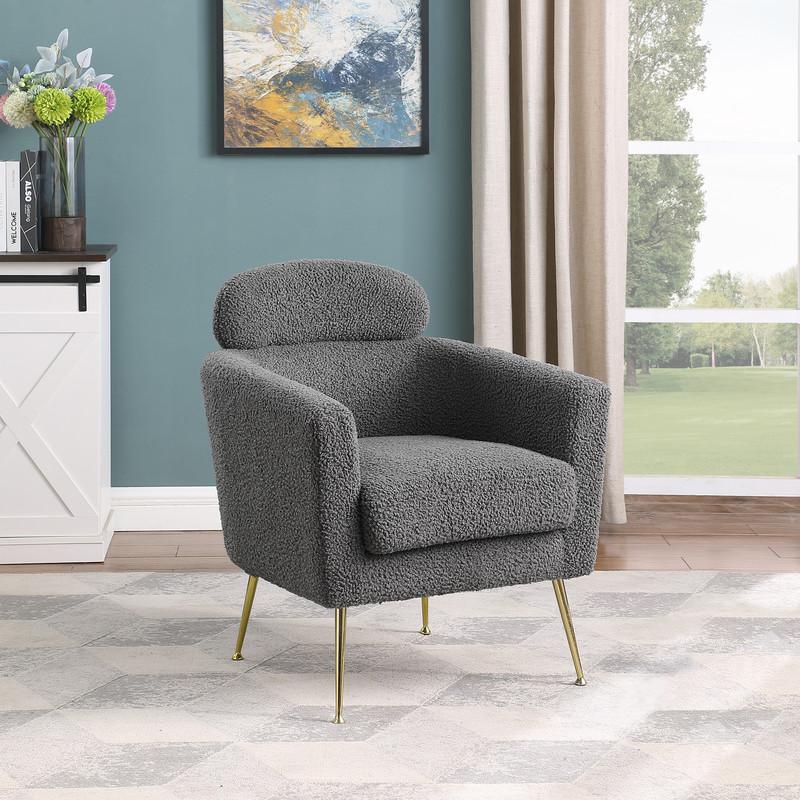 Accent chair with grey vegan (faux) fur and gold chrome legs