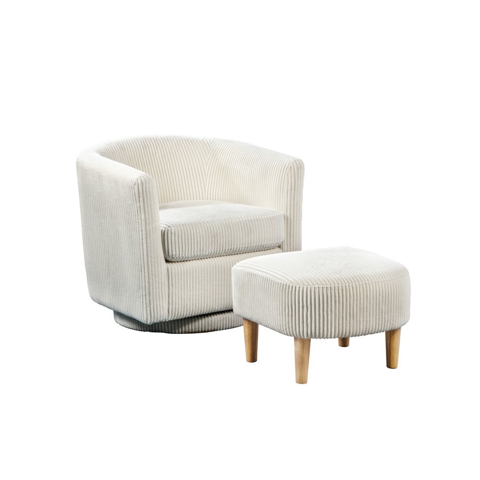 2 Piece Swivel Chair With Matching Ottoman In White Velvet