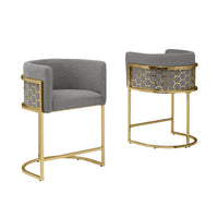 Honeycomb back barrel chair in dark gray with gold base, Set of 2