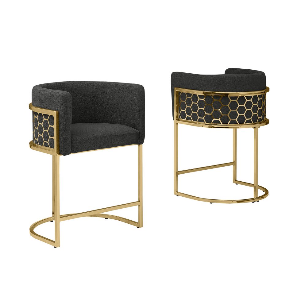 Honeycomb back barrel chair in Black with gold base, Set of 2