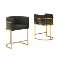 Honeycomb back barrel chair in Black with gold base, Set of 2