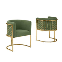 Honey comb- barrel side chair in Green with gold, Set of 2