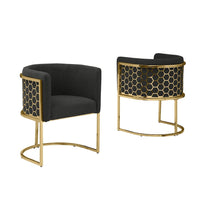 Honey comb- barrel side chair in Black with gold, Set of 2