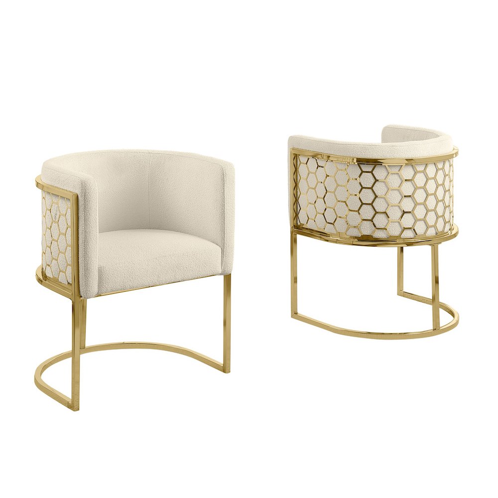 Honey comb- barrel side chair in Cream with gold, Set of 2