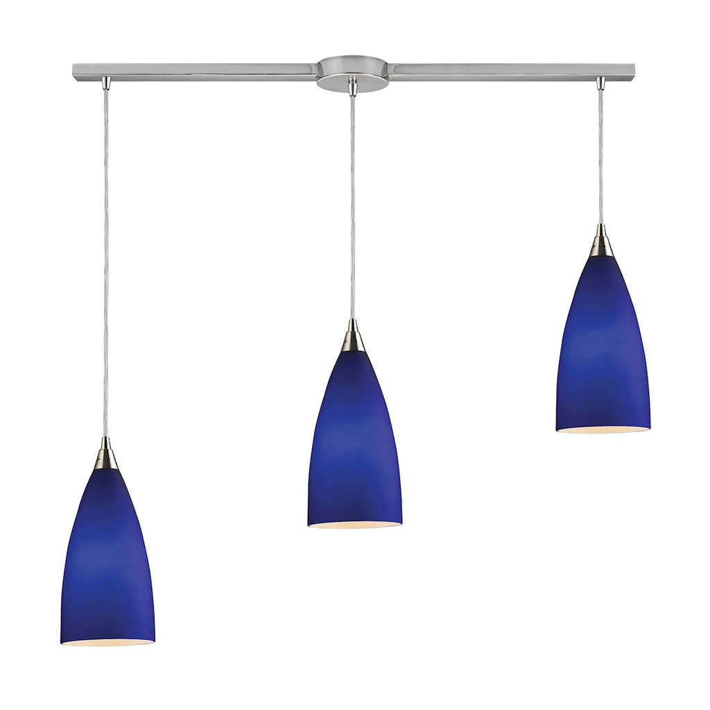 Vesta 3-Light Linear Pendant Blue in Satin Nickel