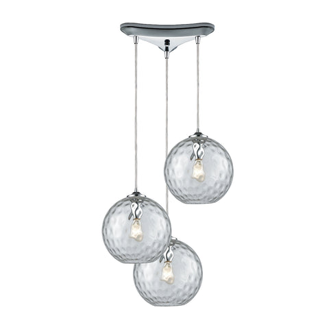 Watersphere 3 Light Triangle Pan Fixture in Polished Chrome with Clear Hammered Glass