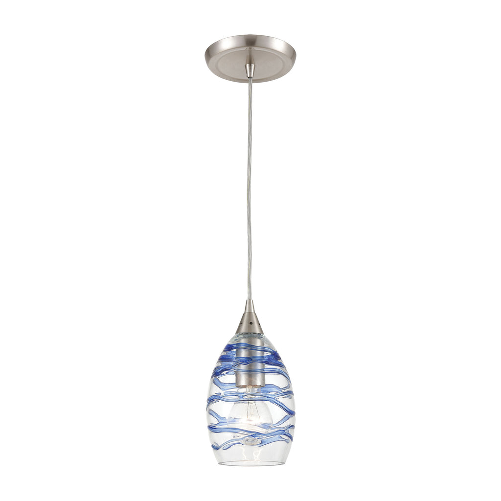 Vines 1-Light Mini Pendant in Satin Nickel with Clear Glass with Aqua Blue Strip