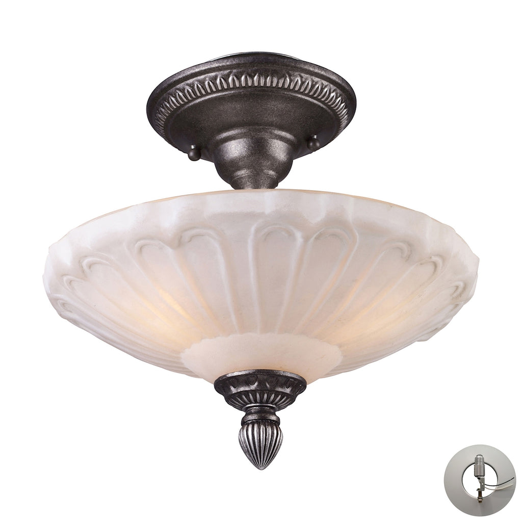 Restoration Flushes 3 Light Semi Flush in Dark Silver and White Antique Glass - Includes Adapter Kit